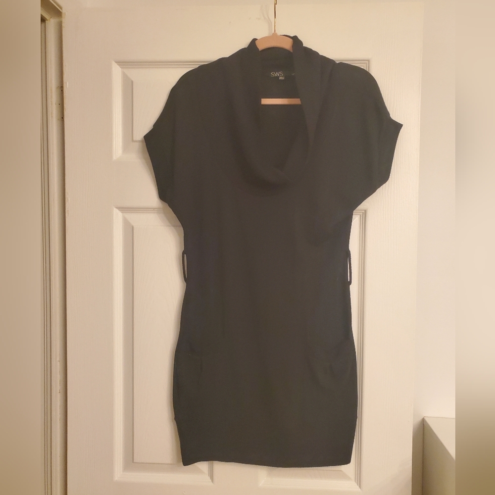 Elegant Black Mini Cowl Neck Sweater Dress